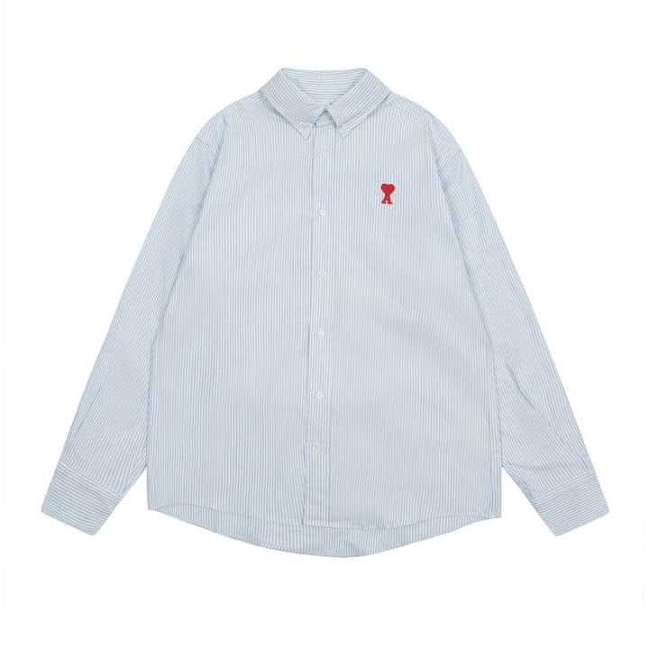 AMI Paris Small Heart Embroidered Striped Long Sleeve Shirt in Blue Stripe