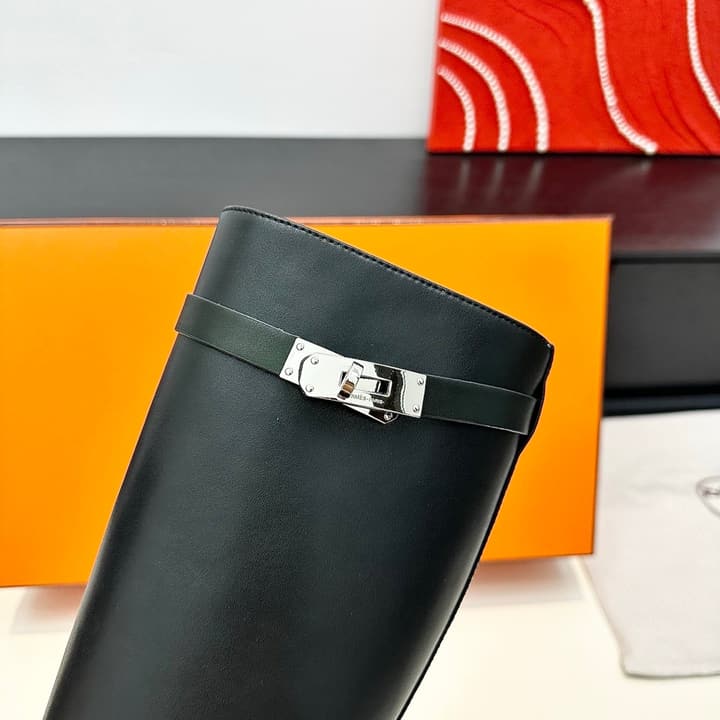 Hermès Kelly Buckle High Heel Knee-High Boots in Black Leather