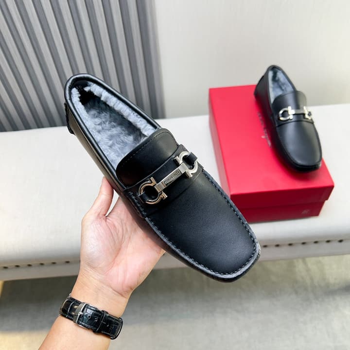 Ferragamo Imported Cowhide Fur-Lined Loafers in Black Patent Leather