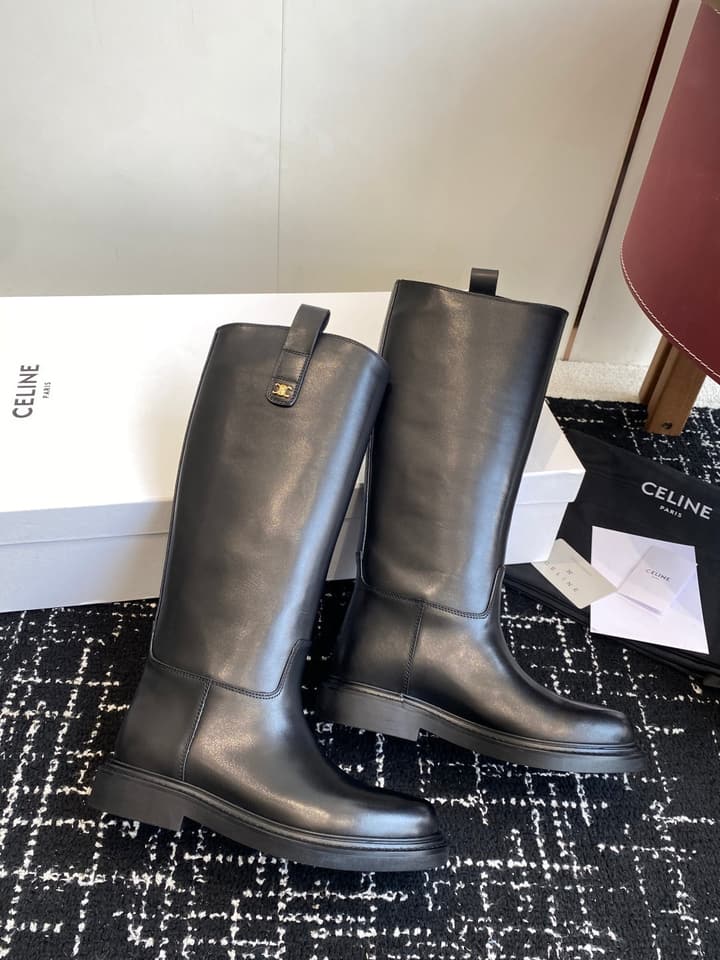 Celine Triomphe Equestrian Ankle Boots – 2025FW in Waxed Black Leather