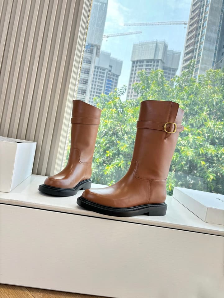 Celine Triomphe Knight Ankle Boots – 2025 Fall/Winter Collection in Black And Brown Leather Display