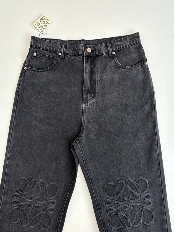 Loewe Anagram Embroidered Washed Distressed Jeans in Washed Black