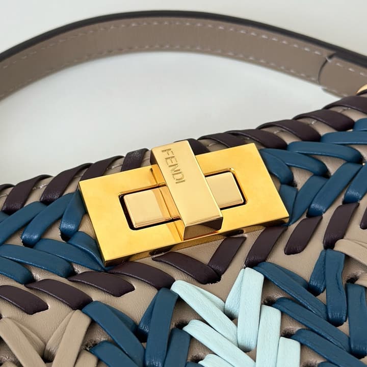Fendi Peekaboo ISeeU Woven Leather Handbag in Blue Multi-stripe Woven