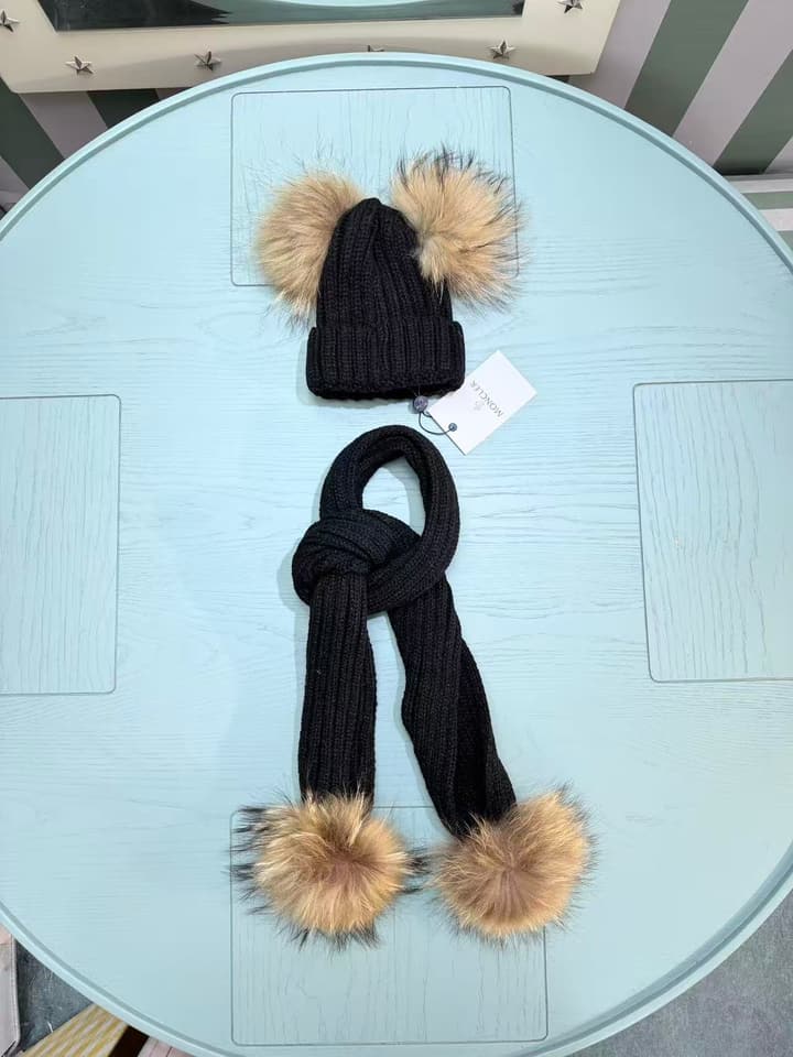 Moncler Kids Double Pom-Pom Hat and Scarf Set – Kids Collection in Black