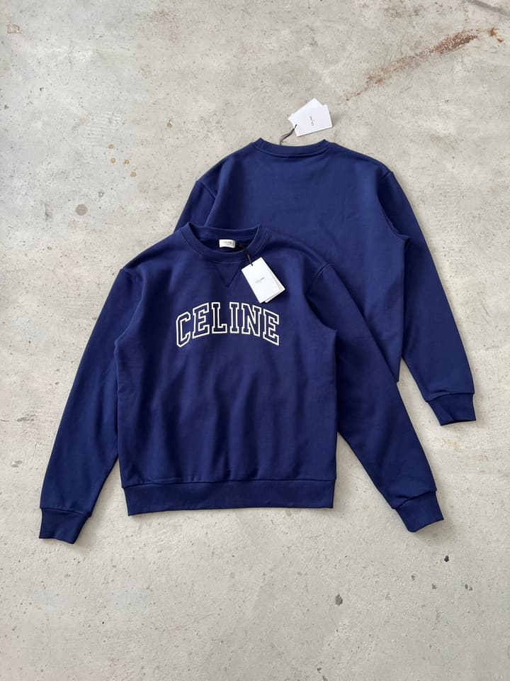 Celine Flocked Letter Pullover Sweatshirt – 2025FW in Navy Blue Folded