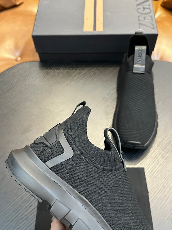Zegna Techmerino Slip-On Sneakers in Dark Navy With Green Accent