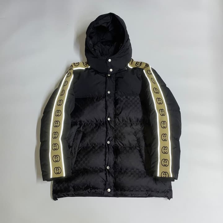 Gucci Double G Jacquard Reflective Runway Down Jacket in Black With Gg Webbing