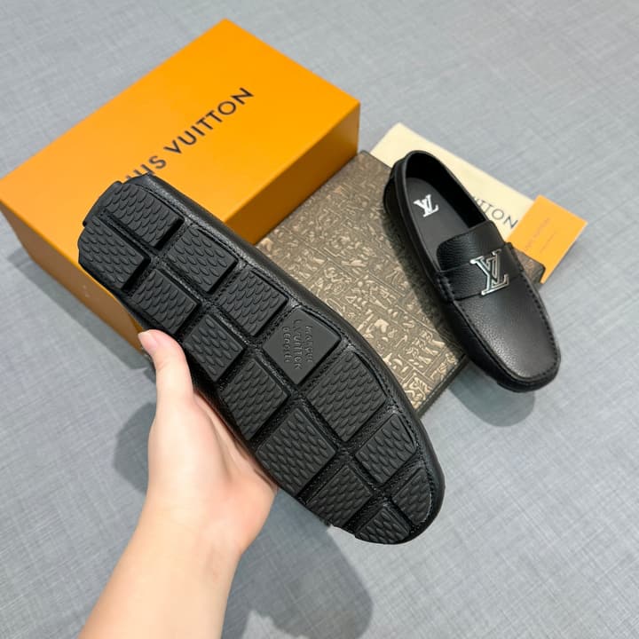 Louis Vuitton Men's Grained Leather Driving Shoes in Dark Gunmetal Hardware