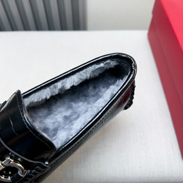 Ferragamo Imported Cowhide Fur-Lined Loafers in Black Patent Leather