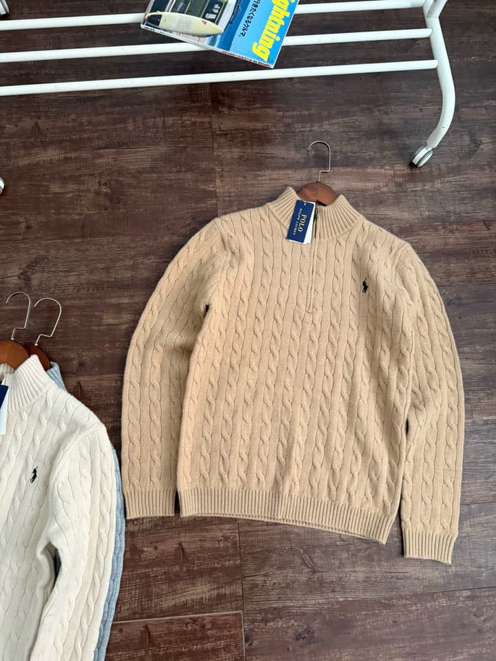 Ralph Lauren Half-Zip Cable Knit Sweater in Khaki