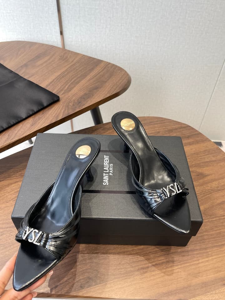 Saint Laurent Pointed Toe Stiletto Heeled Sandals – 26SS in Black - Gold Logo Plaque