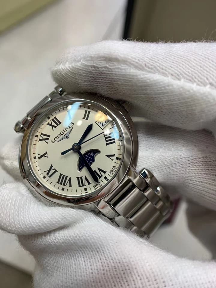 Longines Heart Moon Series Moon Phase Watch in Steel Bracelet, White Moon Phase Dial
