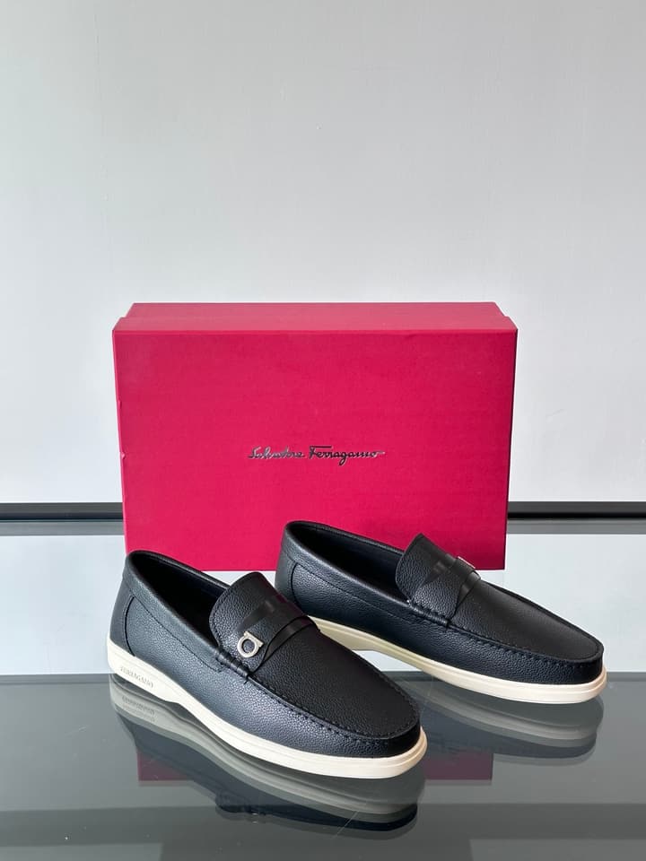 Ferragamo Men's Imported Calfskin Driving Shoes in Classic Black Leather