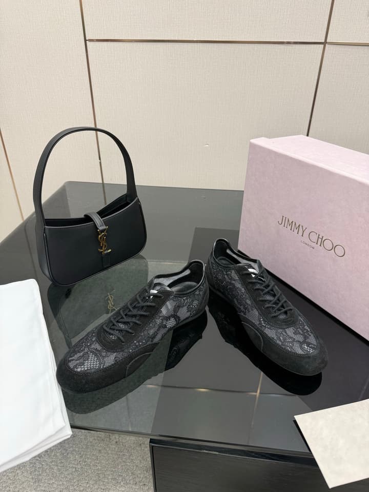 Jimmy Choo Lace-Trimmed Suede Sneakers in Black Lace