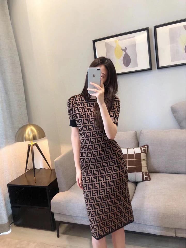 Fendi Double F Monogram Jacquard Knit Dress in Coffee Monogram Knit Dress