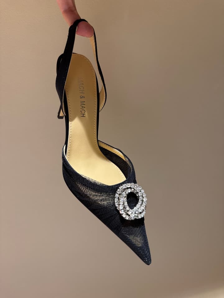 MACH & MACH Rhinestone Lace Heeled Sandals – 2025 Early Spring Collection in Cool Nude Black Cap Toe