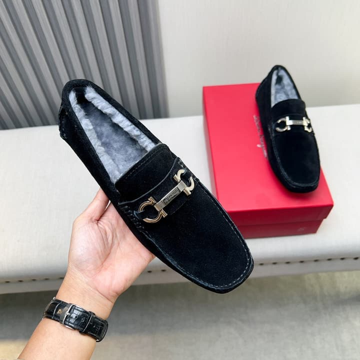 Ferragamo Imported Cowhide Fur-Lined Loafers in Black Patent Leather