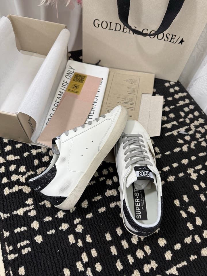 Golden Goose Super Star Rhinestone Leather Sneakers in Grey Suede Black Leather White Star
