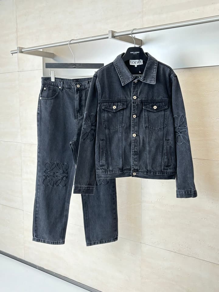 Loewe Embroidered Washed Distressed Denim Jacket in Washed Black