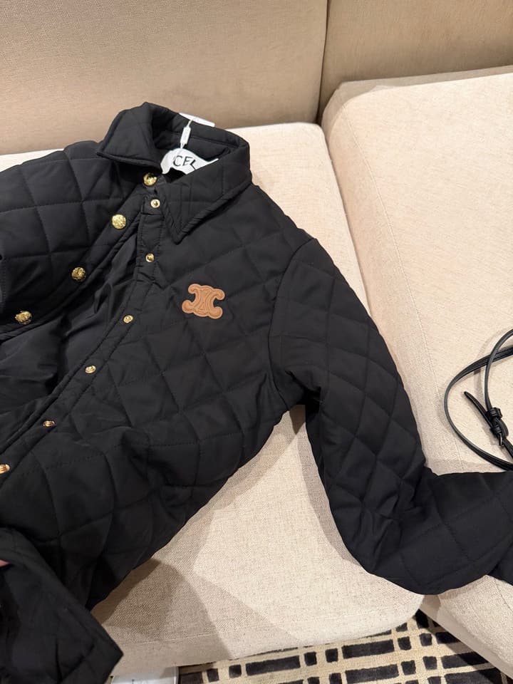 Celine Triomphe Custom Metal Button Puffer Jacket in Black Quilted Jacket