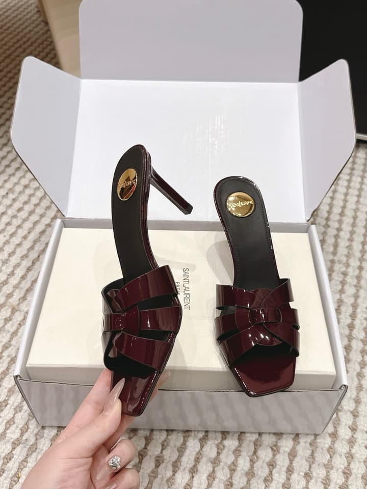 Saint Laurent Melody Square-Toe Heeled Sandals – 2026 Spring/Summer Collection in Beige Patent