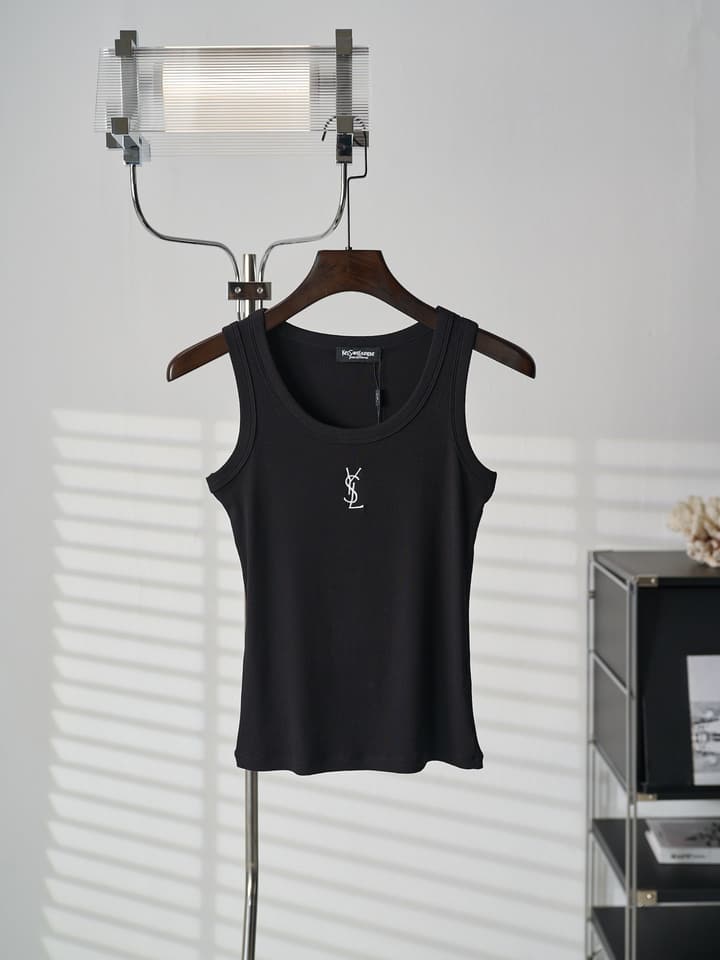 Saint Laurent YSL Embroidered Stretch Tank Top in Black