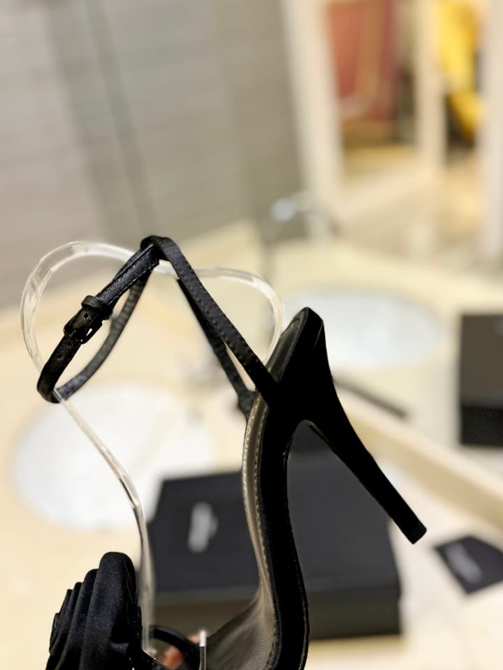Saint Laurent YSL Flower Buckle Heeled Sandals in Black