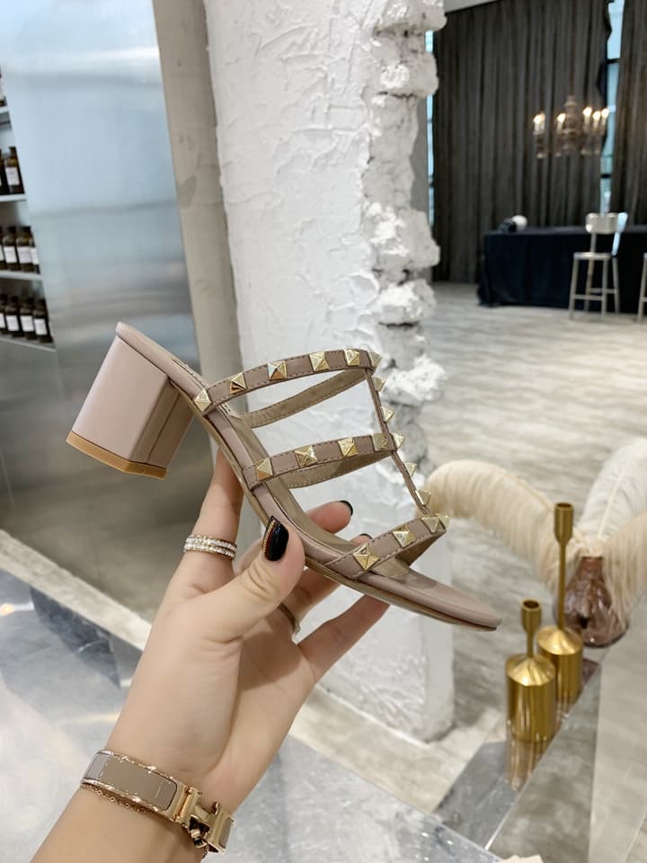 Valentino Rockstud Classic Block Heel Sandals in Nude With Gold Studs