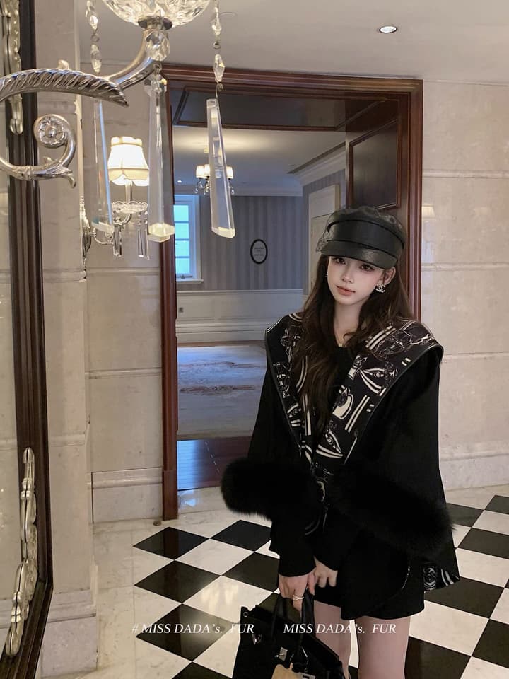 Hermès Old Money Detachable Faux Fur Sleeve Coat in Black With Patterned Reversible Side