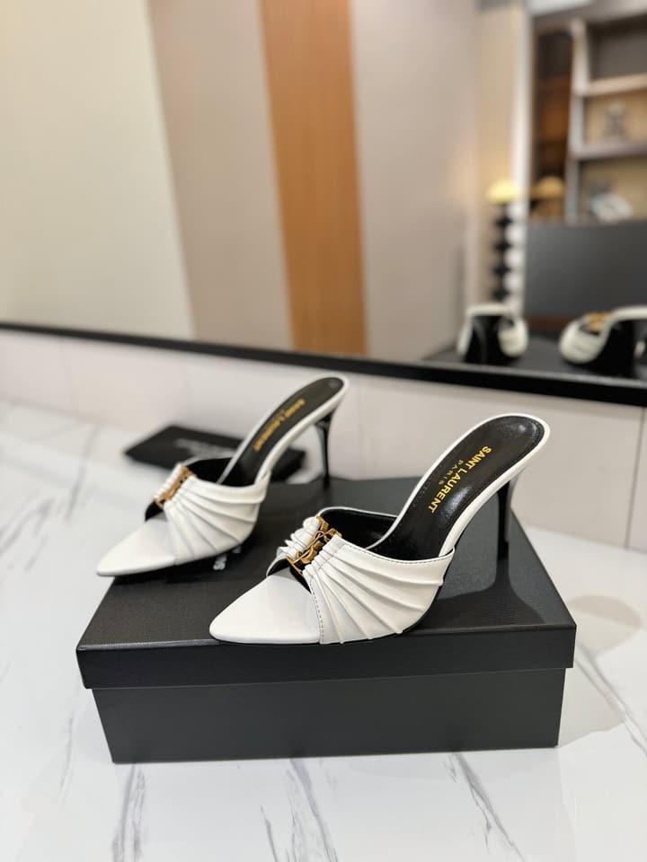 Saint Laurent Crystal Chain Heeled Sandals – 2025 Spring/Summer Collection in Beige