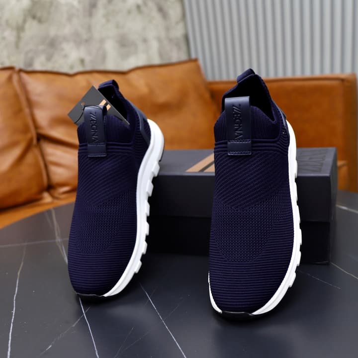 Zegna Cashmere Flyknit Sneakers in Navy Blue