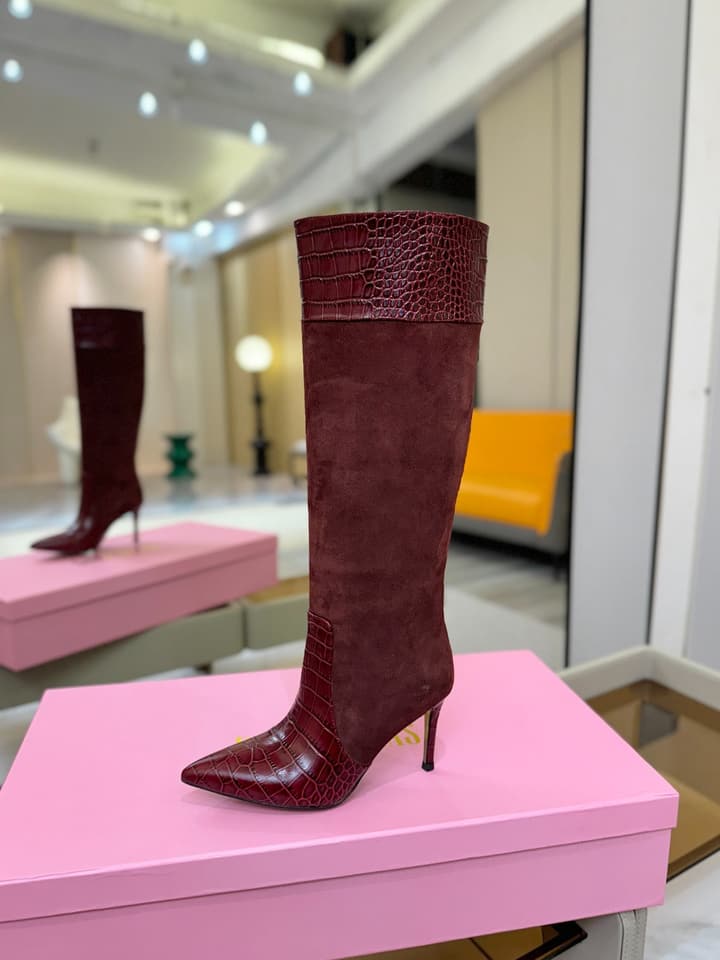 Paris Texas Crocodile Embossed Stiletto Knee-High Boots in Black Suede And Leather