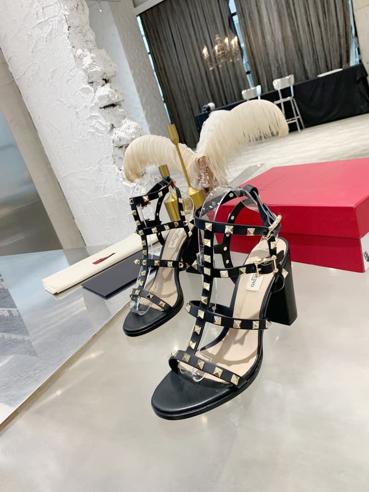 Valentino Studded Classic Block Heel Sandals in Black With Black Studs 6.5cm Heel