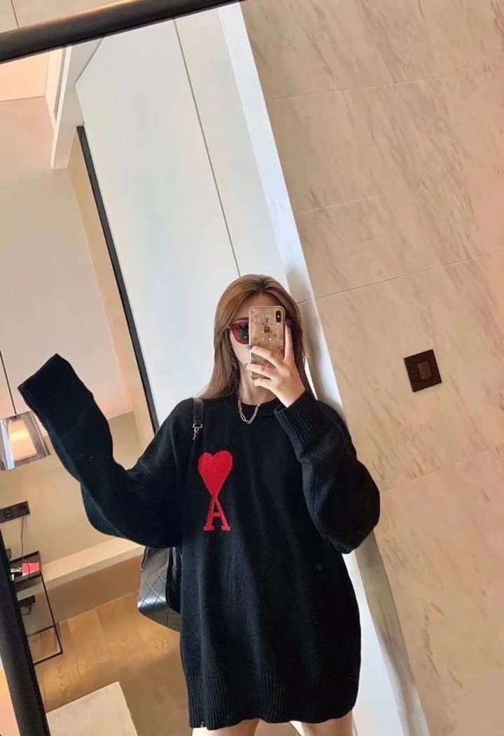 AMI Paris Heart Letter Knitted Sweater in Black With Red Heart