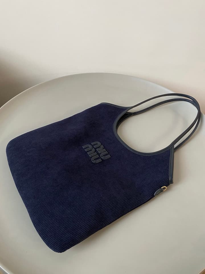 Miu Miu Corduroy Tote Bag in Navy Blue Corduroy Tote