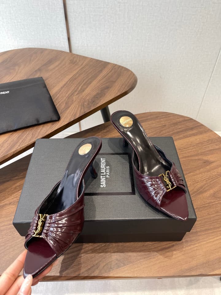 Saint Laurent Pointed Toe Stiletto Heeled Sandals – 26SS in Black - Gold Logo Plaque