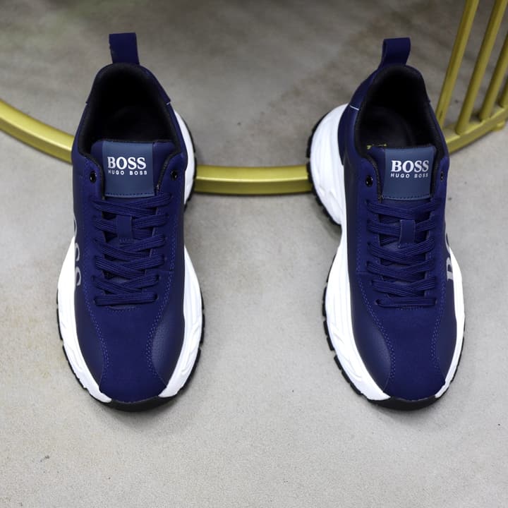 Boss Men's Luxury Running Sneakers in Black Mesh With White Sole