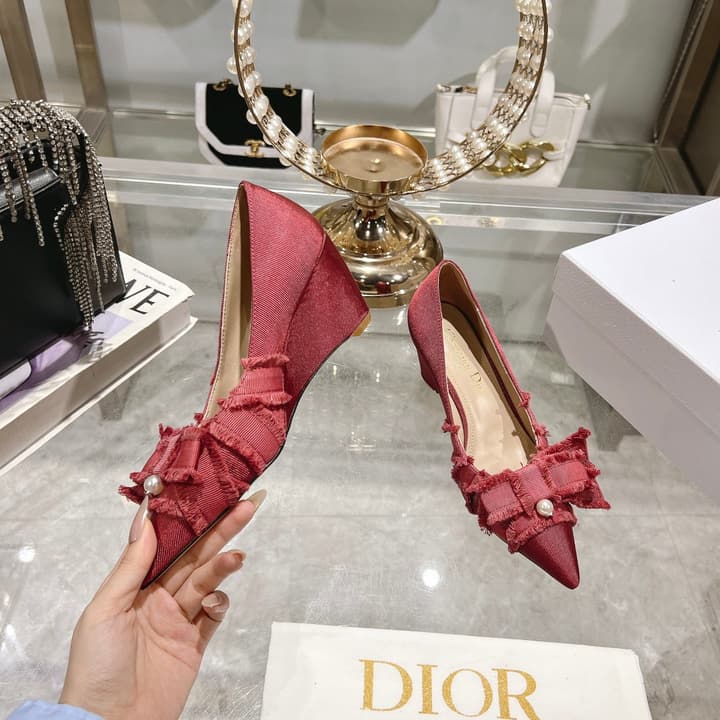Dior Adiorable Bow Pearl Wedge Pumps in Black Ruffled Bow