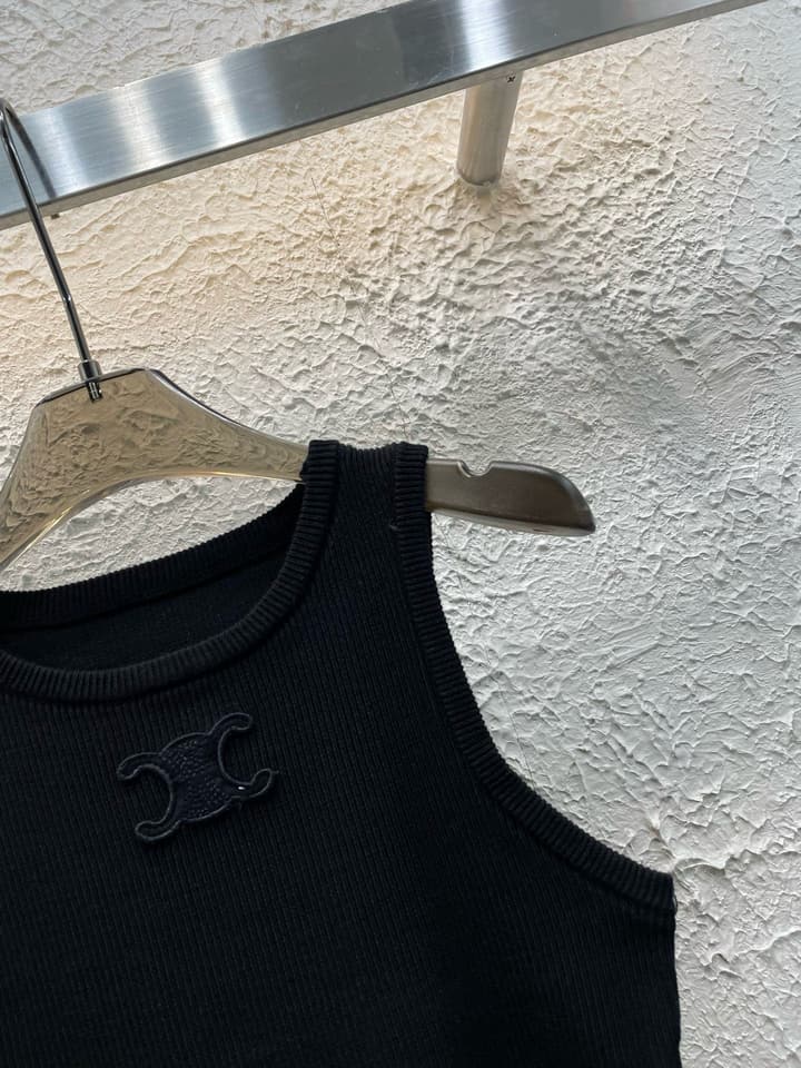 Celine Triomphe Embroidered Crewneck Knit Tank Top in Black