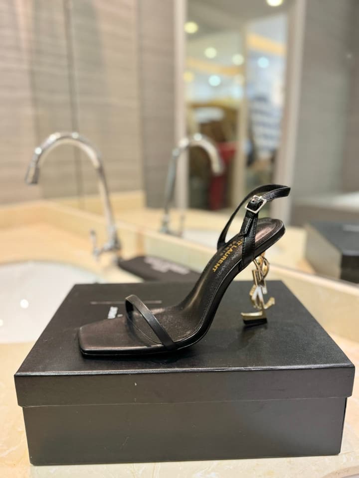 Saint Laurent YSL Logo Heeled Sandals in Apricot Patent