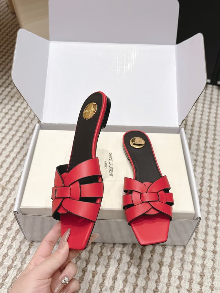 Saint Laurent Melody Square Toe Flat Sandals – 2026SS in Burgundy Patent