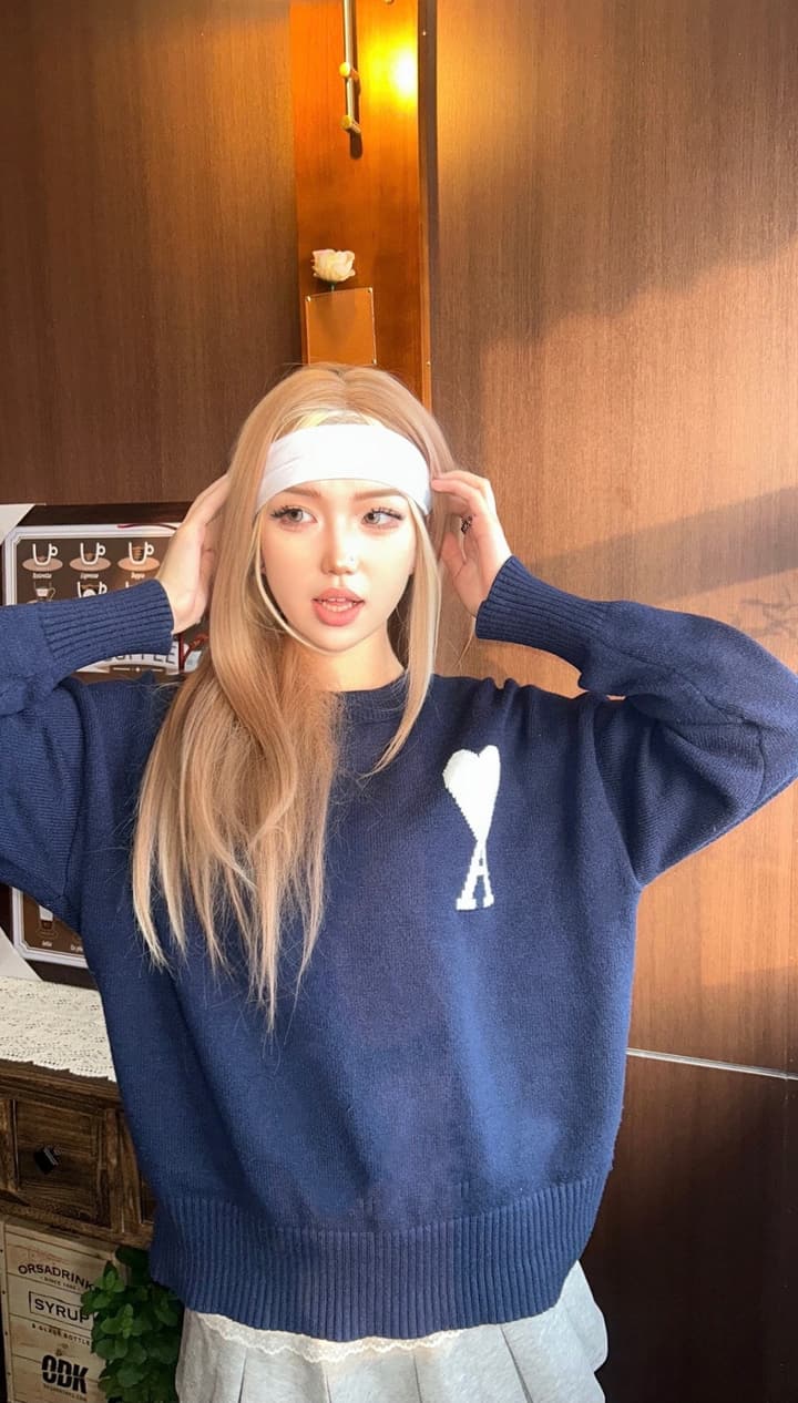 AMI Paris Heart Letter Knit Sweater in Deep Navy Blue