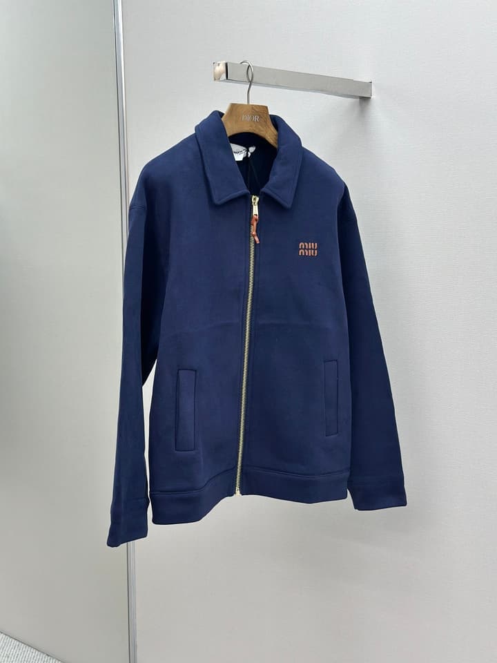 Miu Miu Embroidered Leather Patch Zipper Jacket in Dark Navy Blue