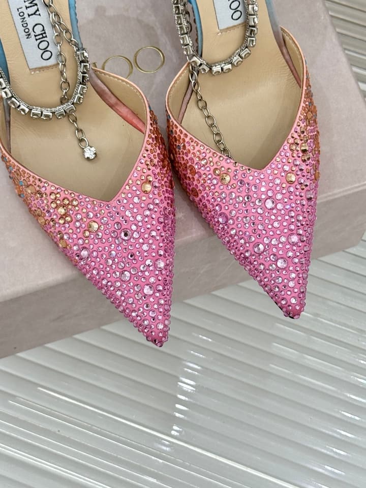 Jimmy Choo Classic Crystal Pointed High-Heeled Sandals in Lavender Yellow Ombre