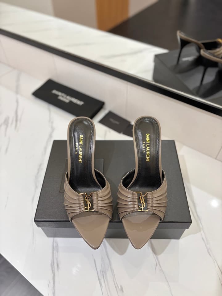 Saint Laurent Crystal Chain Heeled Sandals – 2025 Spring/Summer Collection in Beige