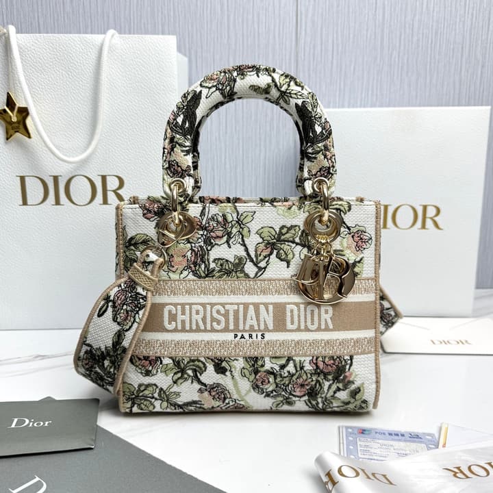 Dior Lady Dior 5-Grid Hand-Embroidered Handbag in Black Embroidered Toile