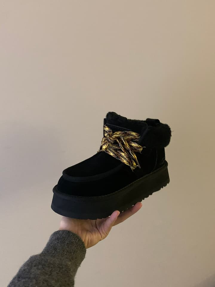 UGG Fluff Lace-Up Ankle Boots in Dark Blue With Gold Chain