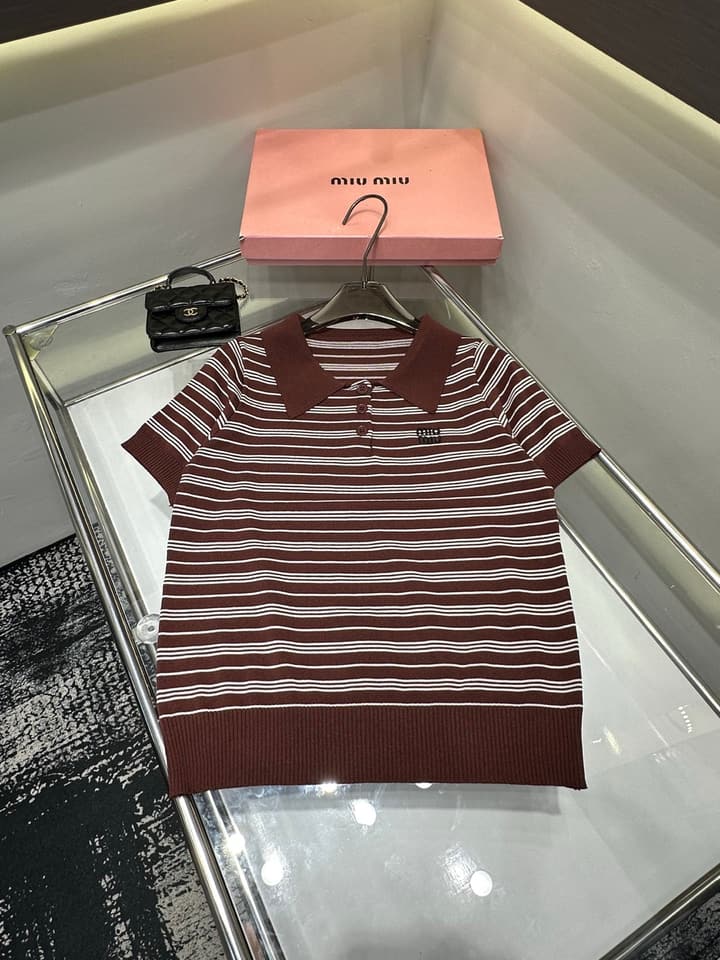 Miu Miu Embroidered Striped Knit Polo Shirt in Brown