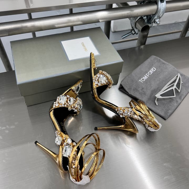Tom Ford Gold Crystal Heeled Sandals in Metallic Gold