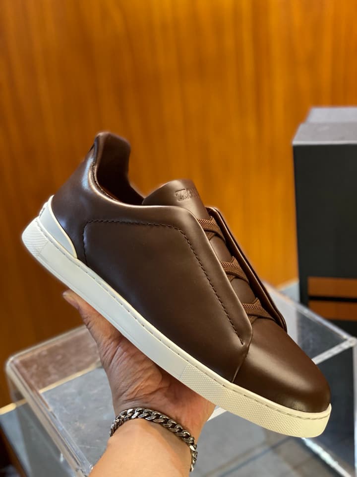 Zegna Triple Stitch Leather Sneakers in Black Smooth Leather